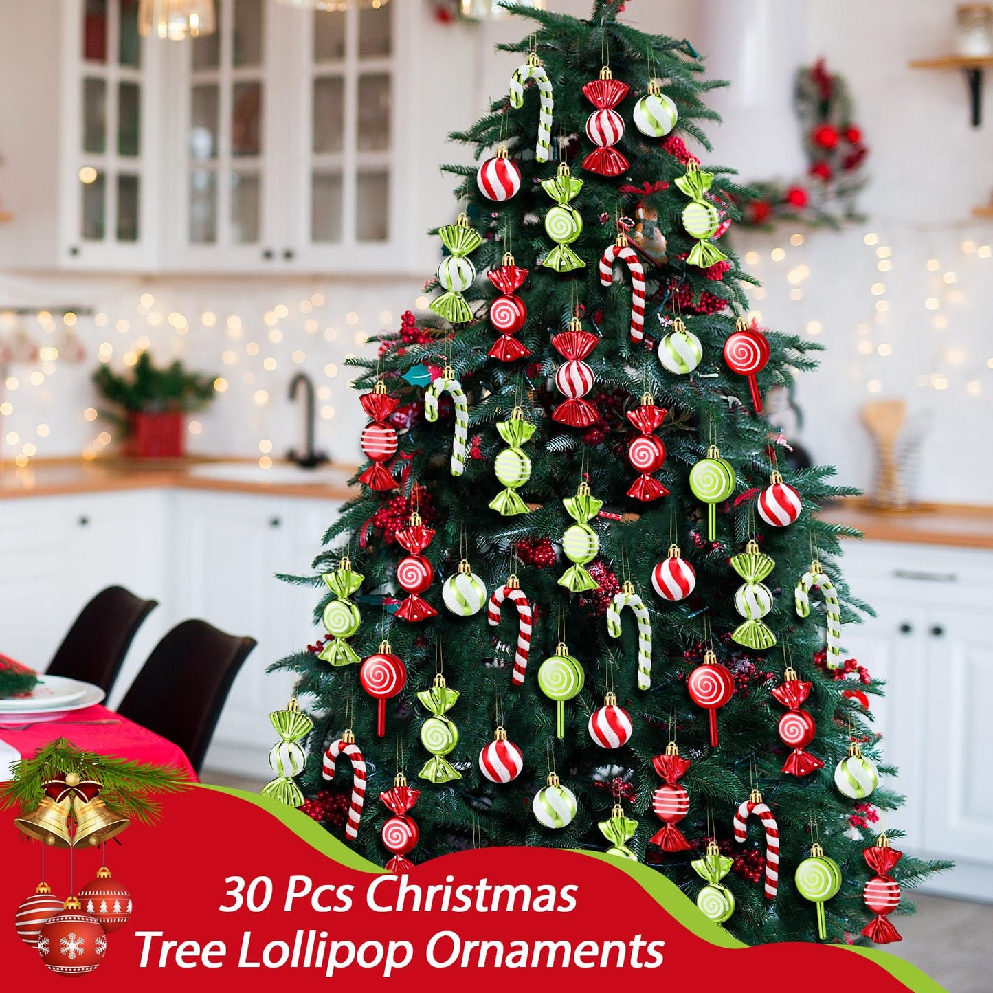 Liliful 30 Pcs Christmas Candy Cane Lollipop Ornaments Set Plastic Holiday Peppermint Candy Home Hanging Ornament Lollipop with Rope for Xmas New Year Party Decor(Red Green White)
