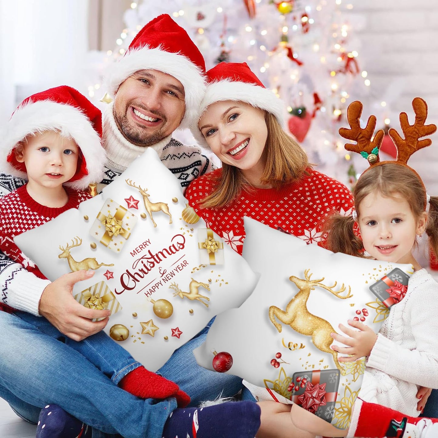 WSZBDY Christmas Throw Pillow Covers White Gold Snowflake Reindeer Christmas Decorations 18X18 inch Set of 4 Winter Christmas Indoor Home Holiday Ornaments Short Push Cushion for Sofa Tree