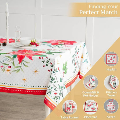 Maison d' Hermine Table Cloth Rectangle Table 100% Cotton 70 x 120 Inches Fall Tablecloth Reusable Everyday Use for Thanksgiving Christmas Decorations Dining Farmhouse Party (Poinsettia Christmas)
