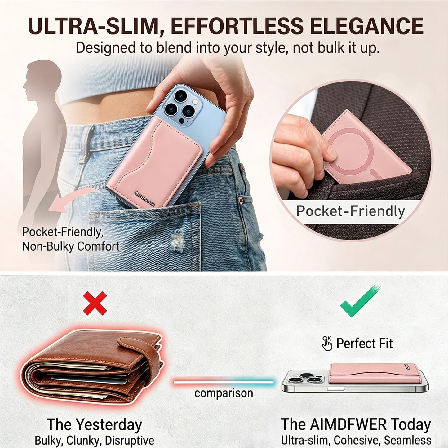 AIMDFWER Magsafe Wallet Women with 7 Credit Card Holders&ID Window, Strong Magnet Minimalist RFID Blocking Sleeves for MagSafe Phones and Cases, Compatible with iPhone 12/13/14/15/16/17 Series(Pink)