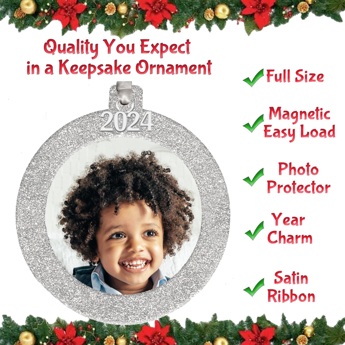 2024 Photo Ornaments for Christmas Tree, Classic Black and White Plaid Christmas Frame Ornament, Easy-Load Magnetic Design, with Satin Ribbon, Silver Charm Plus Photo Protector, Round, BW