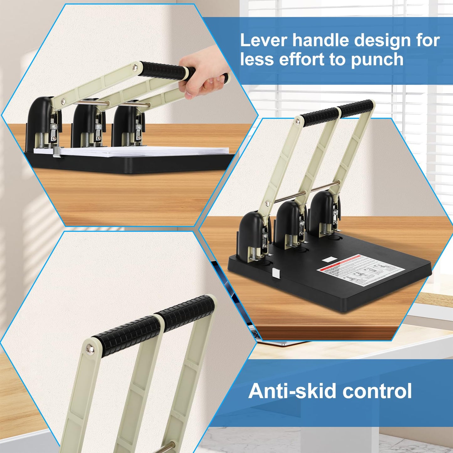 Heavy Duty 3 Hole Paper Punch,150 Sheet Capacity,Ergonomic Handle, Large Capacity Tray and Durable Metal, for Office, Home & Print Shop Use,Replaceable Cutter Head