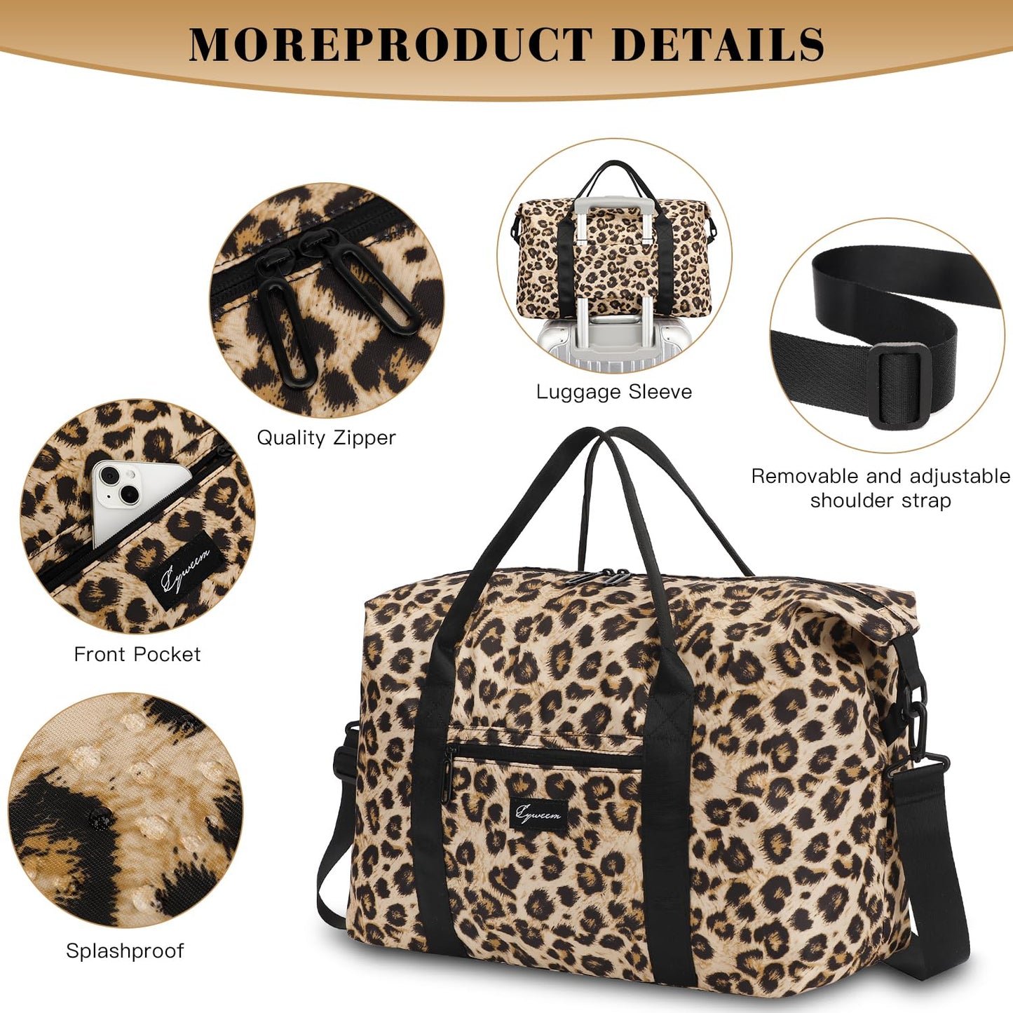 ADVEZO Duffle Bag for Travel Foldable Leopard Print Carry on Travel Bag, Small Medium Weekender Overnight Bags for Women, 40L Waterproof Sport Gym Bag for Men with Computer Compartment (leopard print)