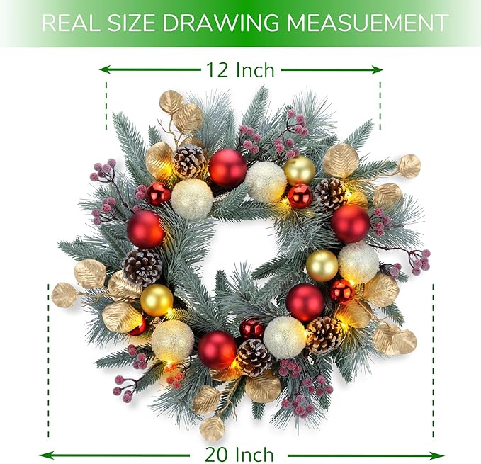 YULETIME 20-inch Christmas Wreath, Battery Operated Holiday Wreath with 20 Fairy Lights, Red & Gold Baubles, Frosty Red Berries, Pine Cones, Golden Leaves, Frosted Spruce Branches & Pine Needles