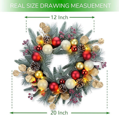 YULETIME 20-inch Christmas Wreath, Battery Operated Holiday Wreath with 20 Fairy Lights, Red & Gold Baubles, Frosty Red Berries, Pine Cones, Golden Leaves, Frosted Spruce Branches & Pine Needles