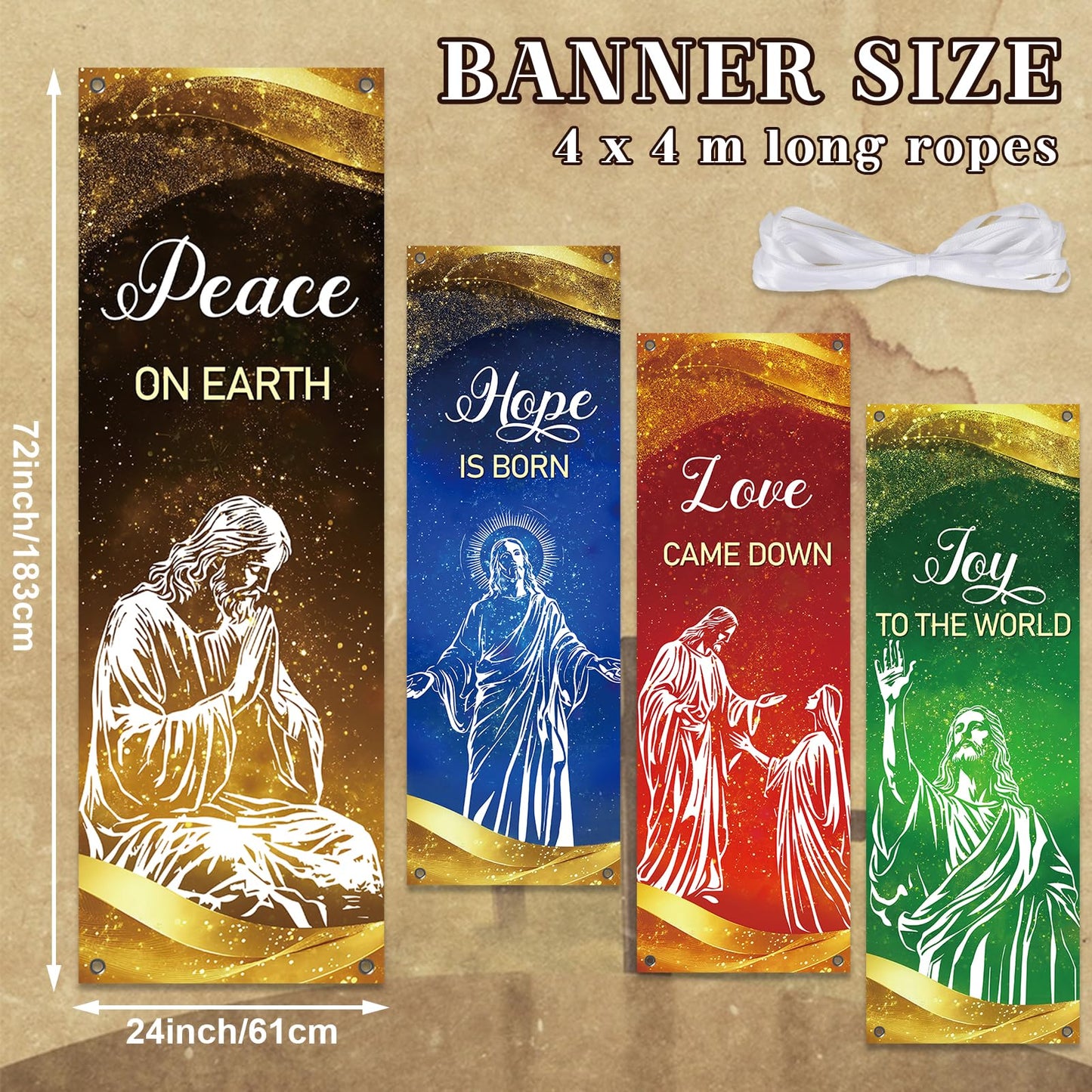 4Pcs Christmas Church Banners for Sanctuary Wall Love Hope Joy Peace Religious Banners Hanging Backdrop Gold Glitter Jesus Christian Banner with Scripture Bible Verse Banner for Holiday School Decor