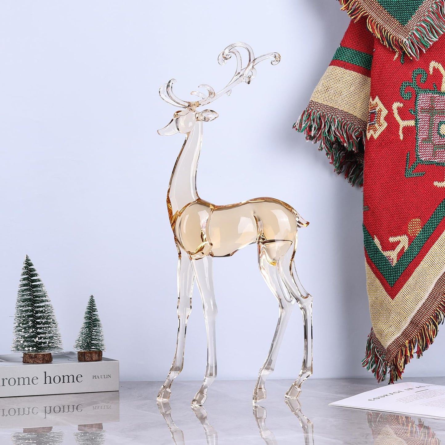 18" Tall Acrylic Christmas Reindeer Figurine - Elegant Clear Large Reindeer Ornaments for Christmas Indoor Decor, Holiday Centerpiece, Living Room, Fireplace, Table Display (Gold Standing Reindeer)