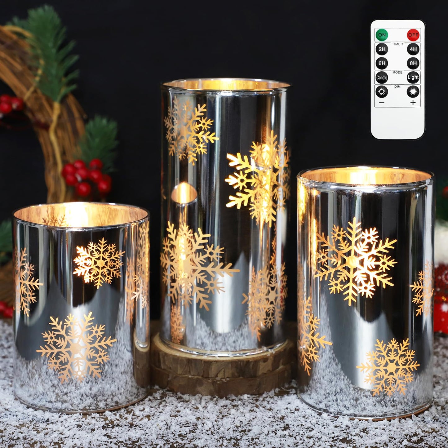 Crystal Club Christmas Flameless Candles with Remote, Set of 3, Snowflake Plating Battery Operated LED Candles, Glass Effect Pillar Candle Flickering with Remote for Home Decor