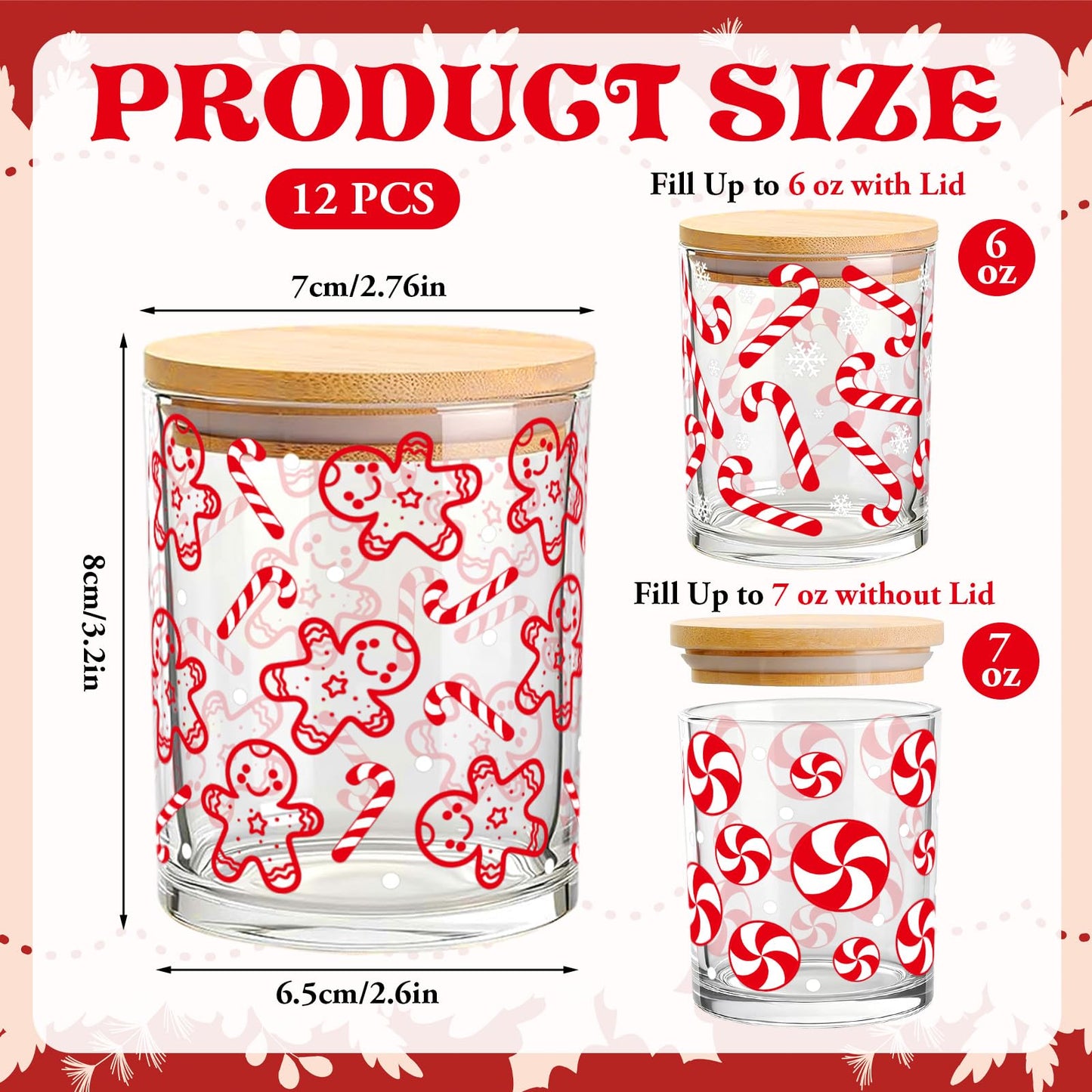 Whaline 12 Pcs Christmas Glass Candle Jars with Cork Lids Red Peppermint Gingerbread Candy Cane Clear Empty Container for Candle Making Storing Xmas Holiday Party Decor