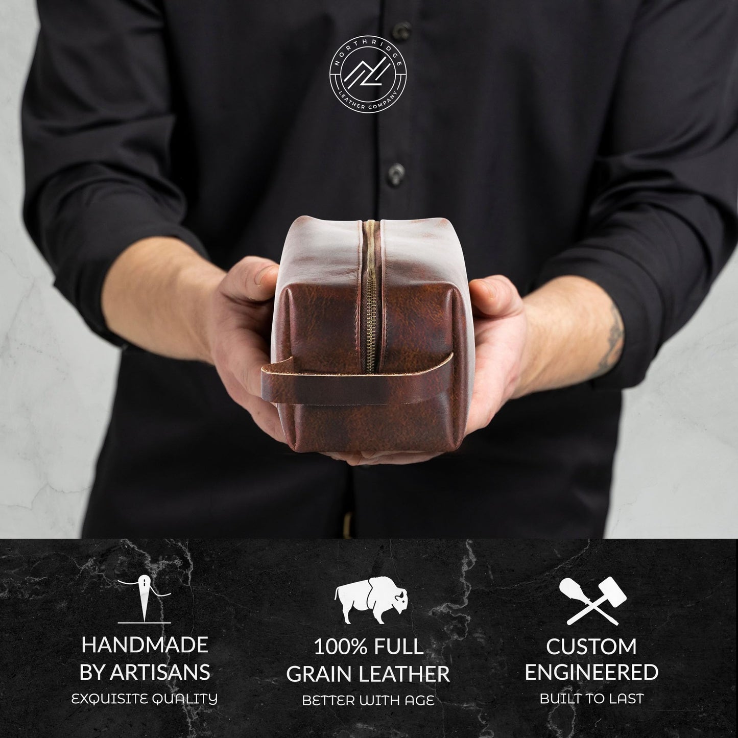 Northridge Leather Premium Leather Toiletry Bag For Men - Travel Bag, Shaving Kit Bag & Toiletry Organizer - Full Grain Leather (Double Zip, Antique)