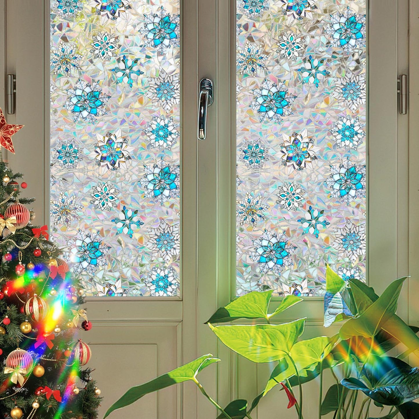 Christmas Snowflake Window Film Stained Privacy Rainbow Window Sticker Christmas Blue White Snowflake Designs Xmas Glass Decals Static Cling for Home Office School Holiday Party Decor