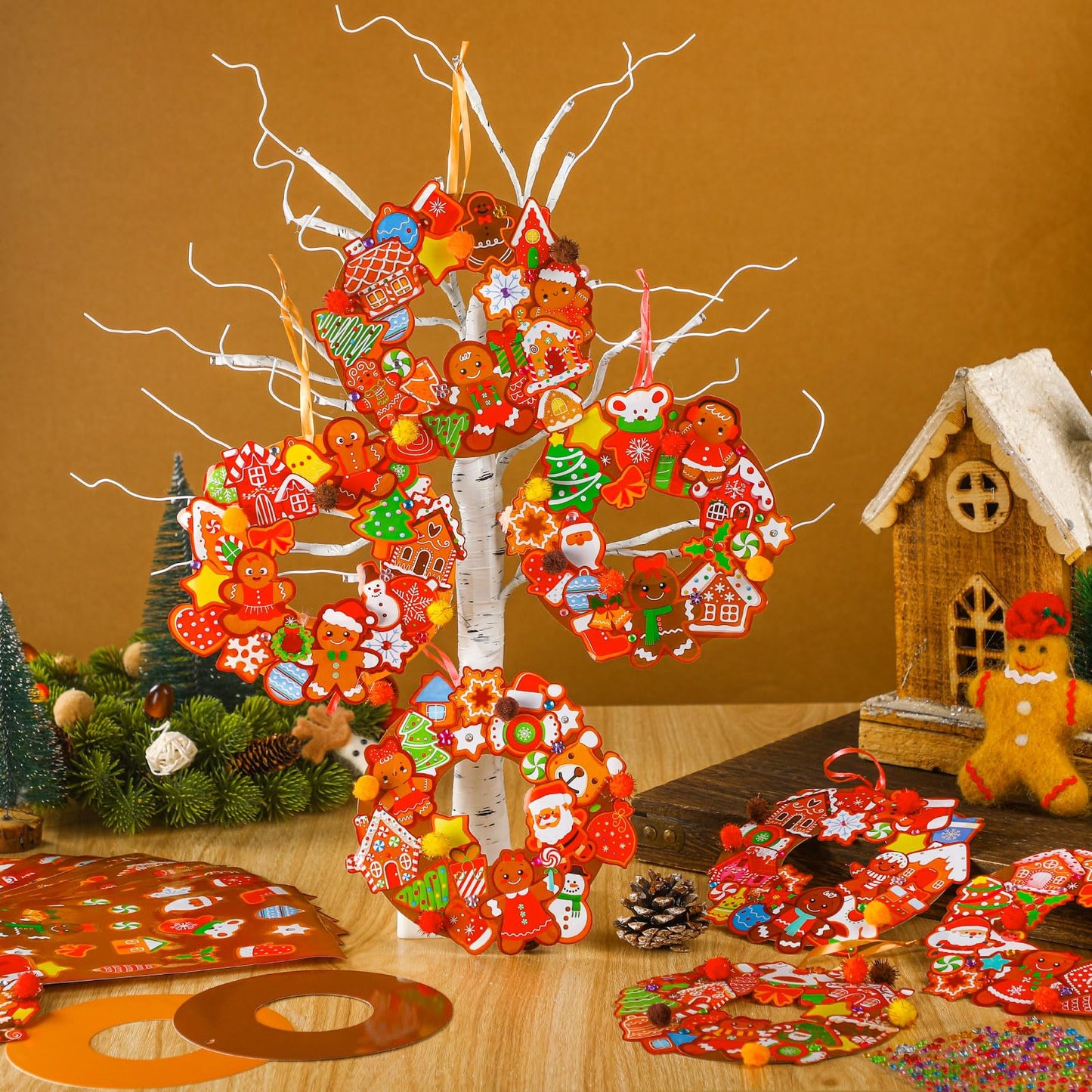 Hollowfly 48 Sets Christmas Wreath Craft Kits DIY Gingerbread Man Wreath Hanging Ornaments with Stickers for Christmas Xmas Party Supplies Favors Home Activities