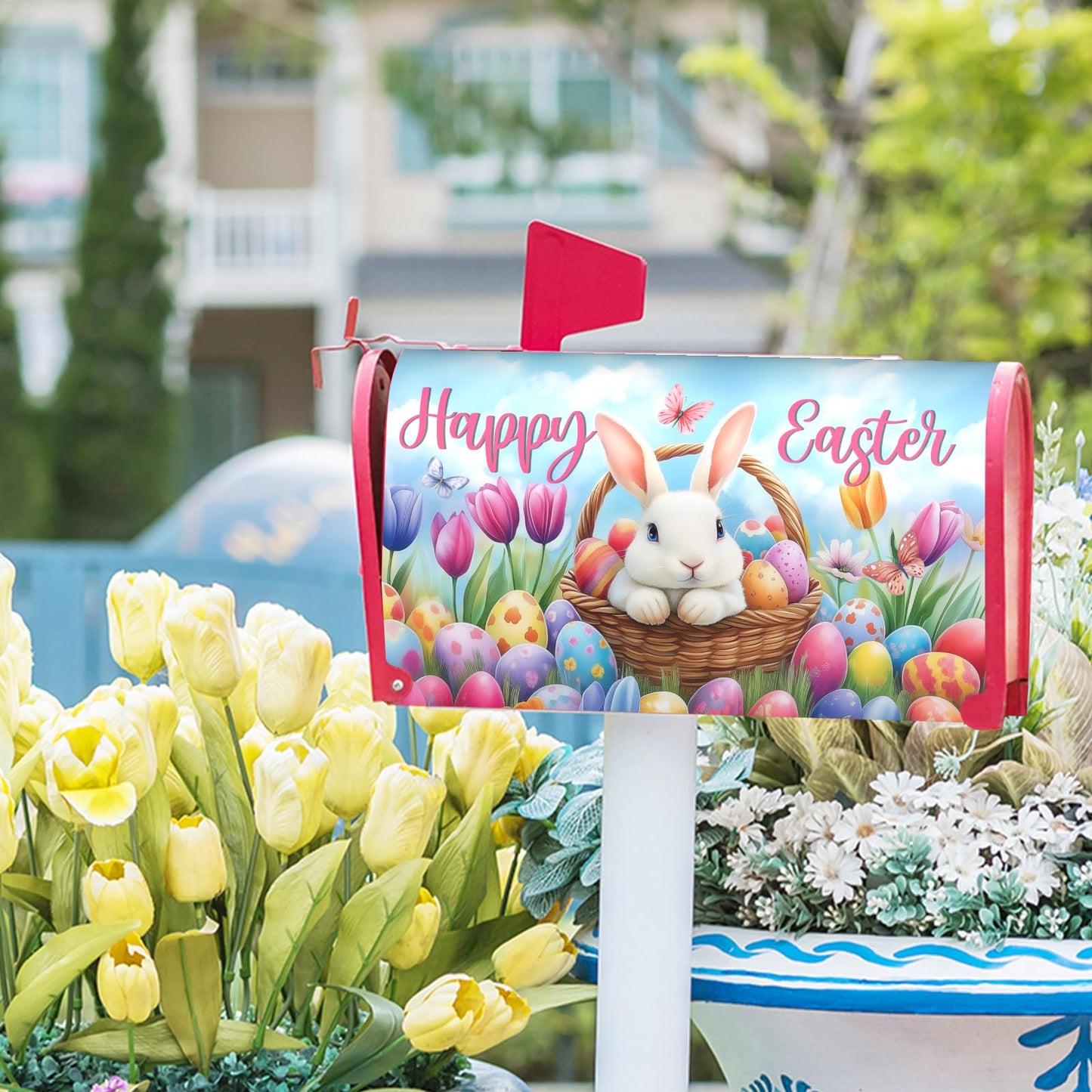 Happy Easter Welcome Mailbox Cover Magnetic Standard Size 25"x21" Cute Bunny Rabbit Eggs Decorative Post Letter Box Wrap Farmhouse Spring Easter for Garden Yard Outdoor Easter Mailbox Decoration