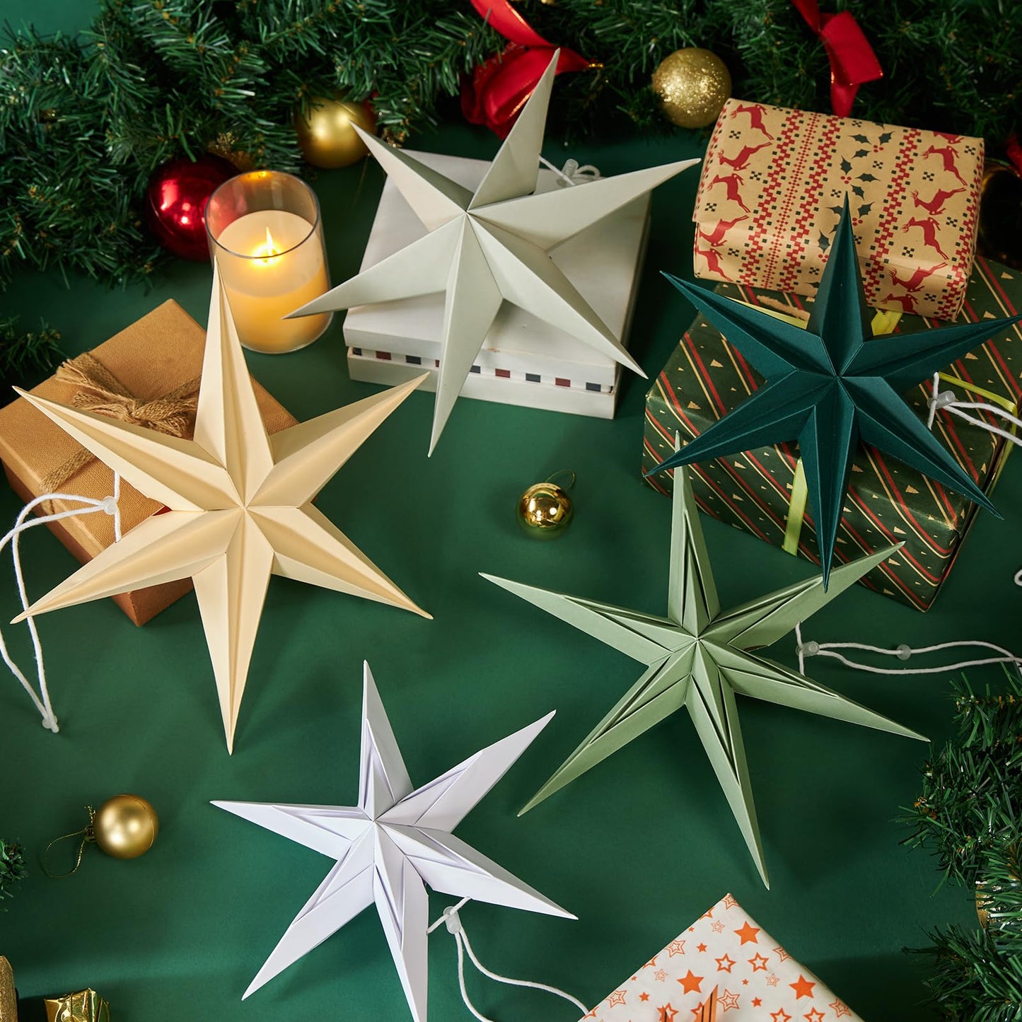 Paper Stars Christmas Party Decorations, 5PCS 6-Pointed Paper Star Hanging Decoration Set Holiday Decor Stars Shape Landerne for Birthday Party Tree Xmas Home Decor