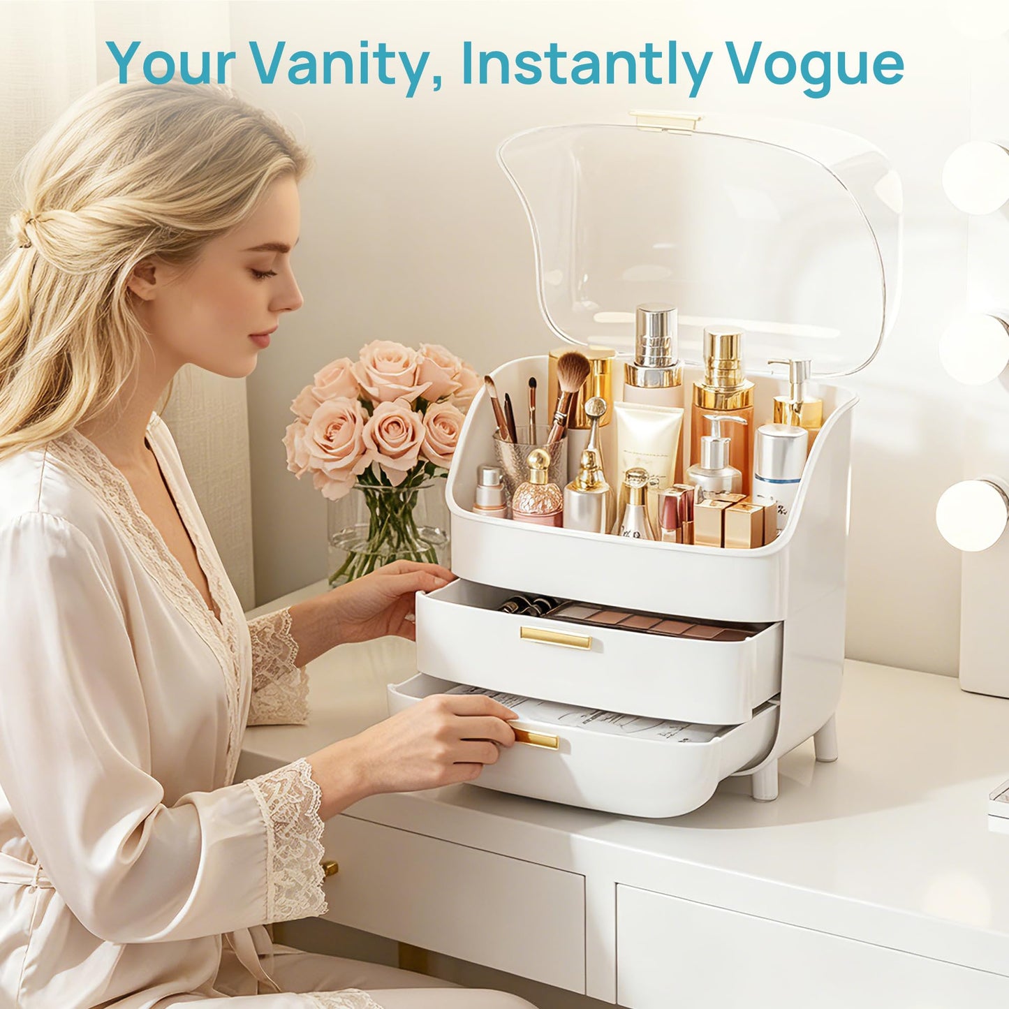 Vtopmart 3-Tier Skincare Makeup Organizer with Drawers and Lid for Vanity and Bathroom Countertop, Large Cosmetic Storage Box Case for Dresser, with Non-Slip Base