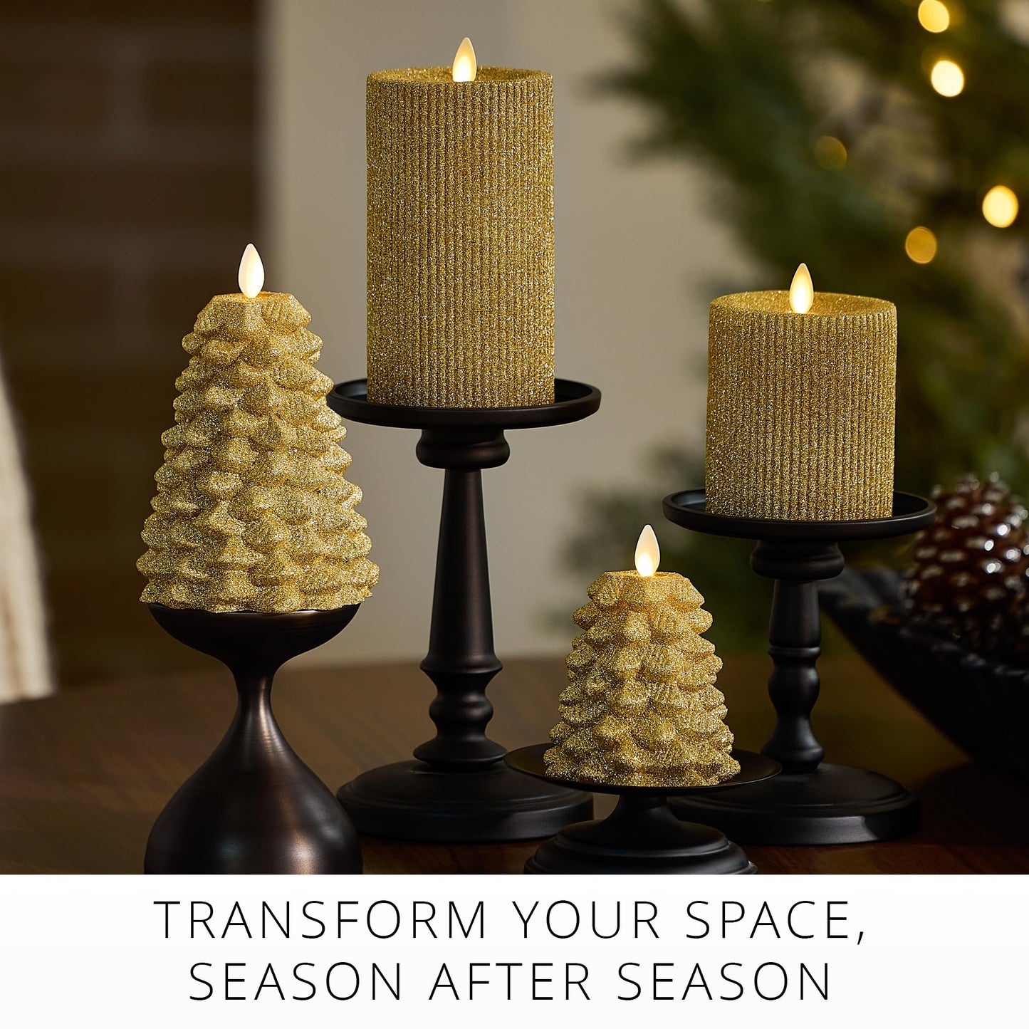 Luminara Rich Gold Glitter Flameless LED Candle North Tree Moving Flame Pillar (3.8" x 6")