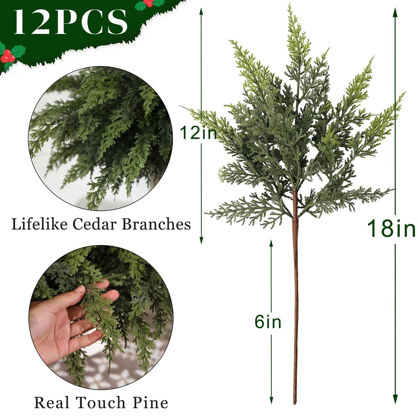 Juxdp Soft Textured Christmas Cedar Branches-18 Inches, Artificial Cedar Branch Faux Greenery Plants Stem Fake Pine Picks for Vase DIY Crafts Garland Wreath Xmas Indoor Outdoor Decor (12 Pcs)