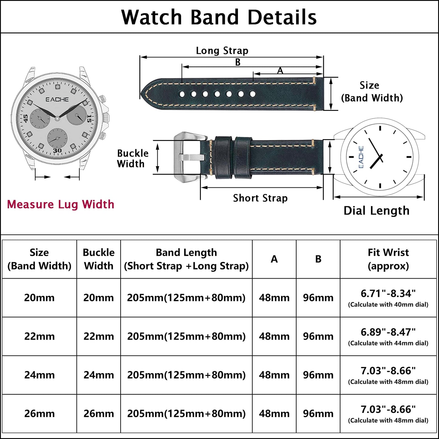 EACHE 26mm Leather Watch Bands Thick Imported Oil Waxed Leather Watch Straps Blue With Silver Buckle