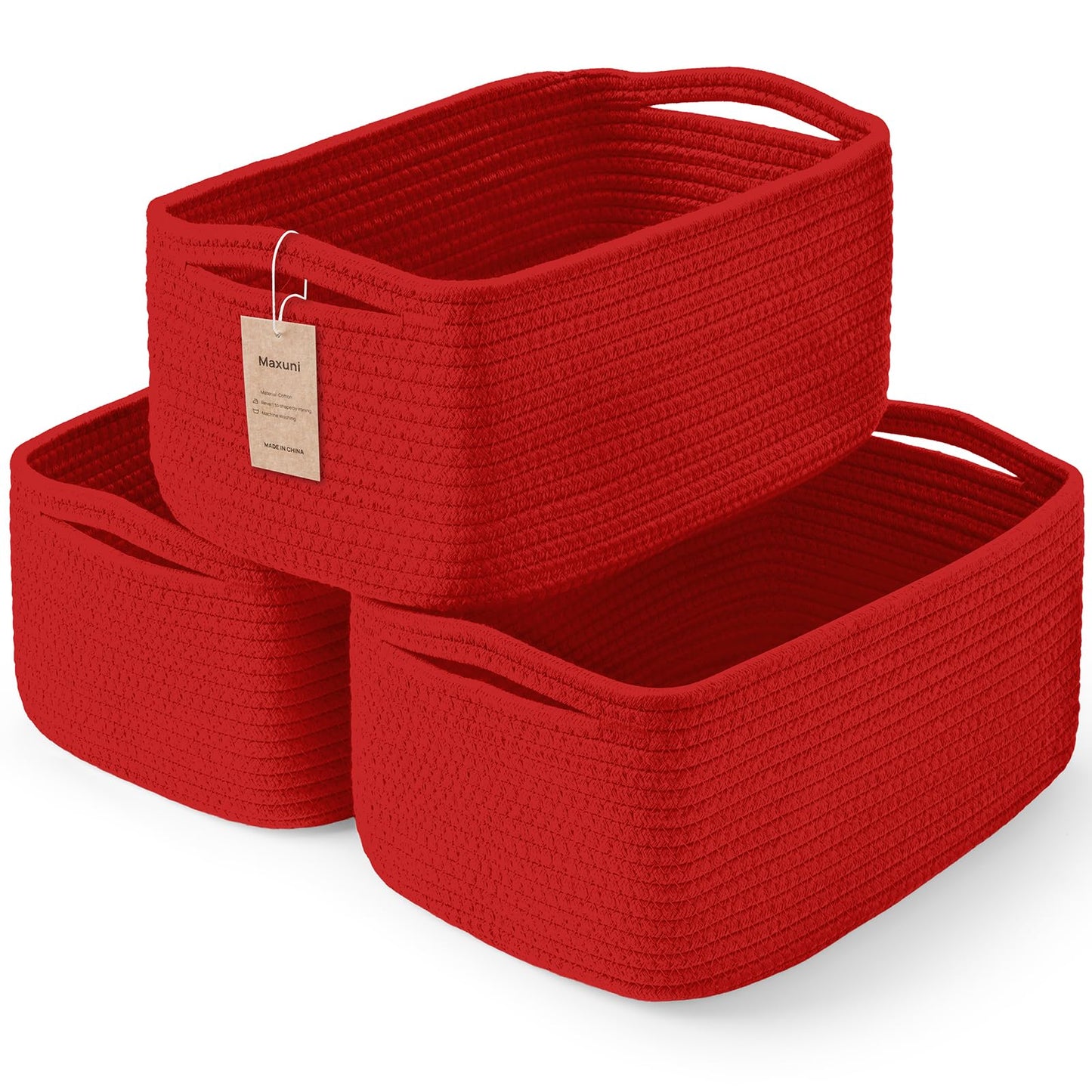 Maxuni 3-Pack Small Storage Baskets for Organizing | Woven Shelf Toy Basket | Rope Baskets for Gifts Empty | Closet Organizer Bins with Handles | Cube Decorative Box | 11.8×7.8×5.1” | Christmas Red