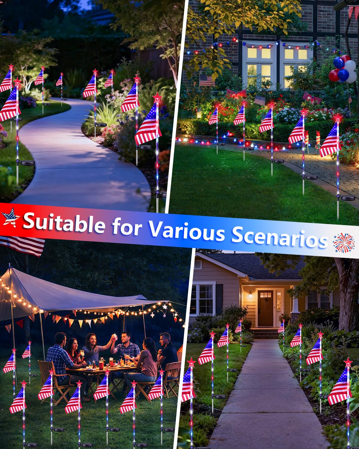 8 Pack American Flag Solar Lights Outdoor, 4th of July Decorations Red White and Blue Star Lights, 2 Modes Waterproof Solar Patriotic Lights for 250th Anniversary Independence Memorial Day Garden Yard