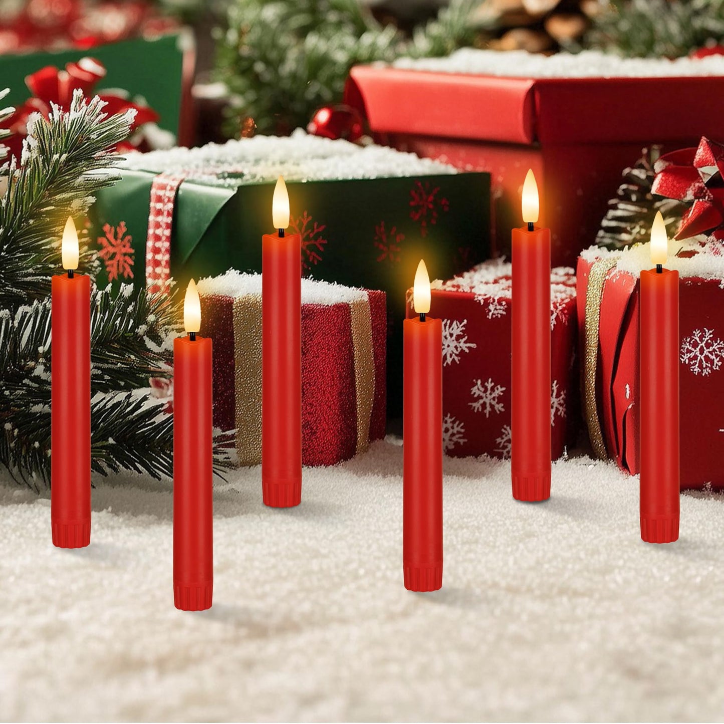AFINETH Red Flameless Candles with Remote, Short Christmas Taper Candles Battery Operated, 6 Inch Flickering Flameless Candlesticks for Winter Home Holiday Xmas Decor, 6 Pack