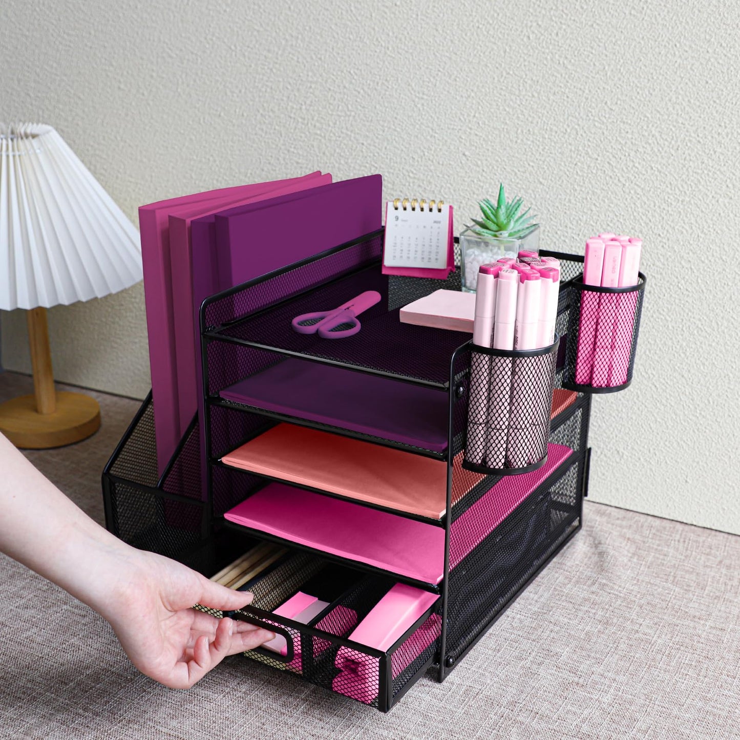 ideallife Desk Organizers and Accessories with File Holder, 5-Tier Paper Letter Tray Organiser with Drawer and 2 Pen Holder, Mesh Desktop Document Organizer for Office Supplies, Workspace - Black