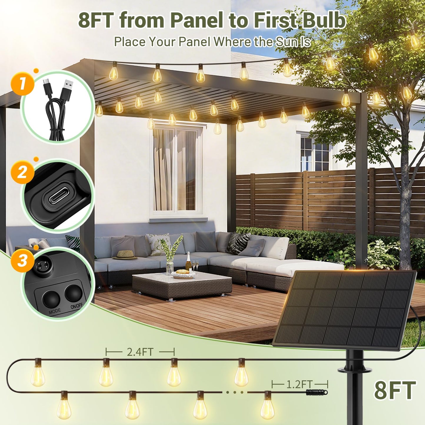 Amzrap 50FT Solar String Lights Outdoor, 18+1LED Shatterproof Bulbs with Remote & USB Port, Waterproof 3 Modes Dimmable Solar Lights for Backyard, Patio, Camping