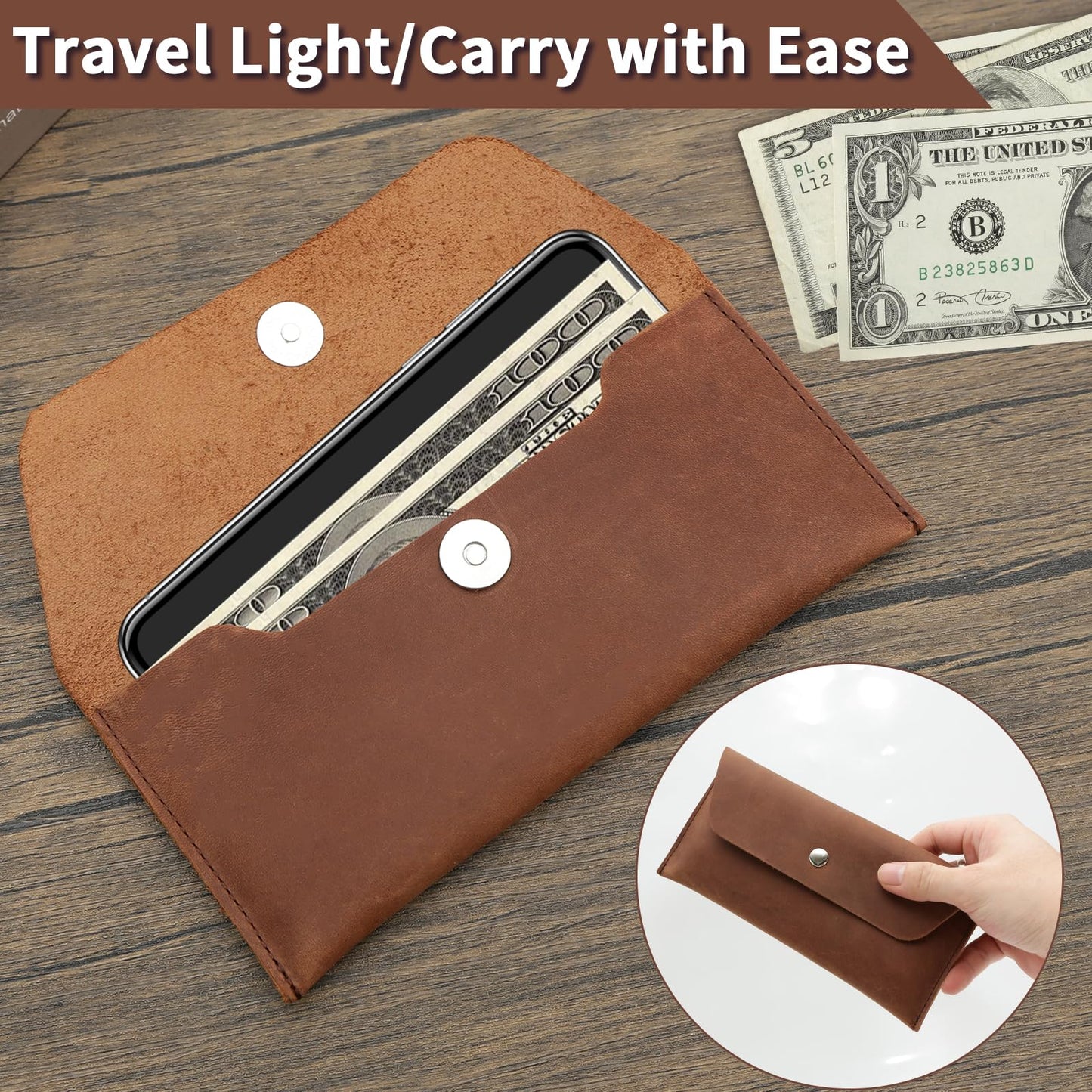 LAMCLTH Cash Envelope Wallet for Men, Genuine Leather Budget Envelope Wallet, Reusable Money Cash Organizer Pouch, Retro Clutch Wallet for Budgeting