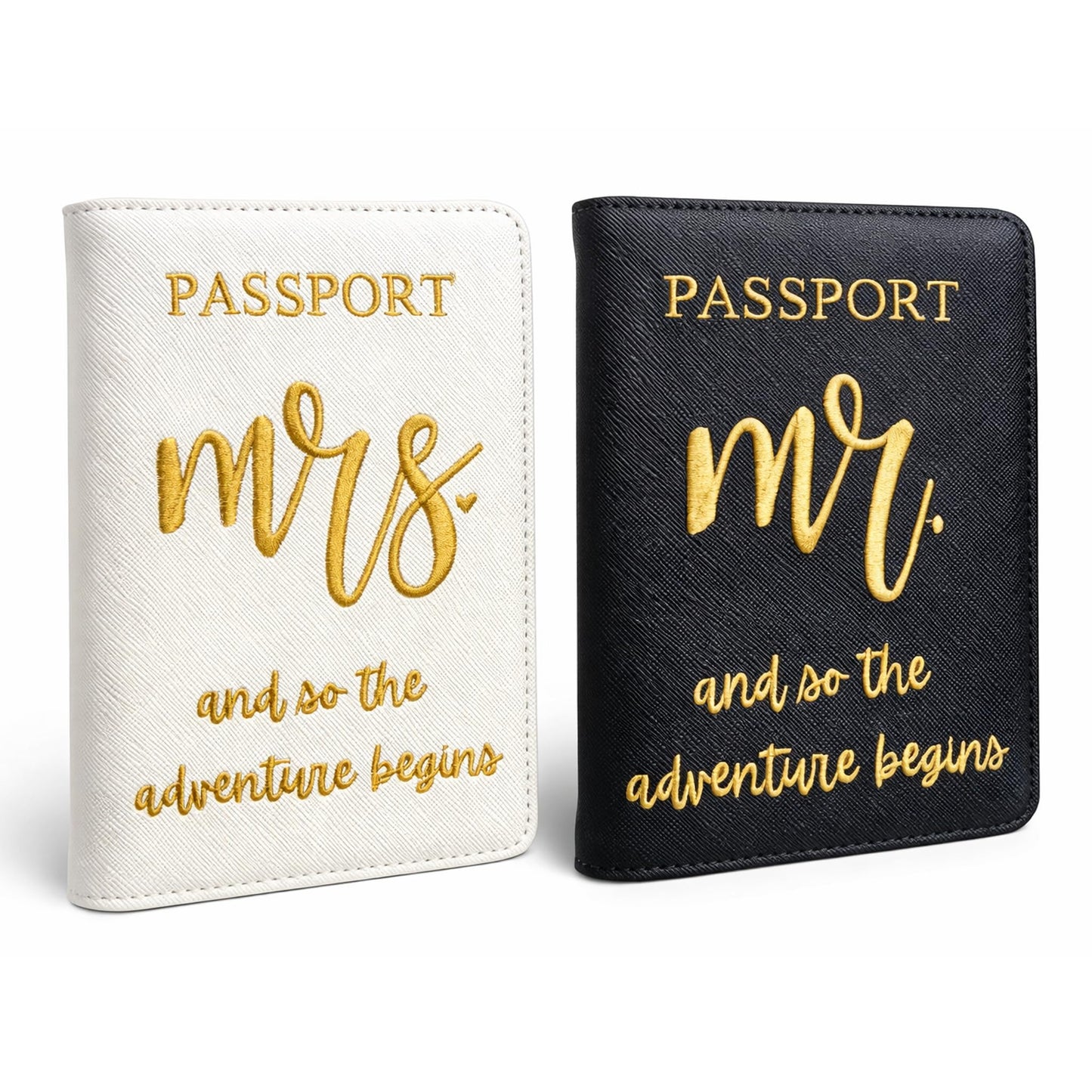 Passport Holder Set for Couples, Mr and Mrs Embroidered Passport Covers, PU Leather Travel Accessory, Wedding and Honeymoon Gift (Embroidered Black White Gold)