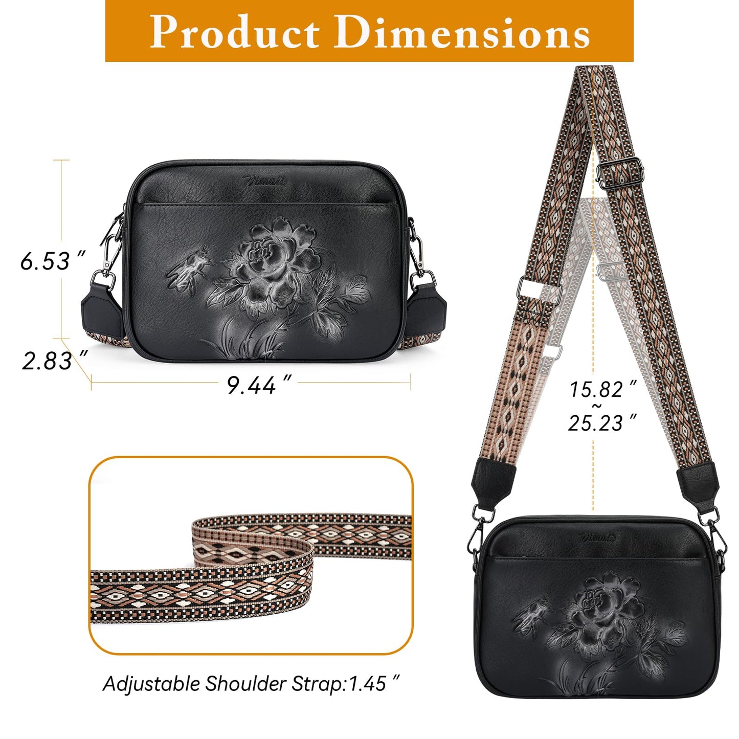 VIMUTI Small Crossbody Purses for Women, Trendy Vegan Leather Crossbody Bag Embossed Travel Shoulder Handbags with Wide Strap (Black)