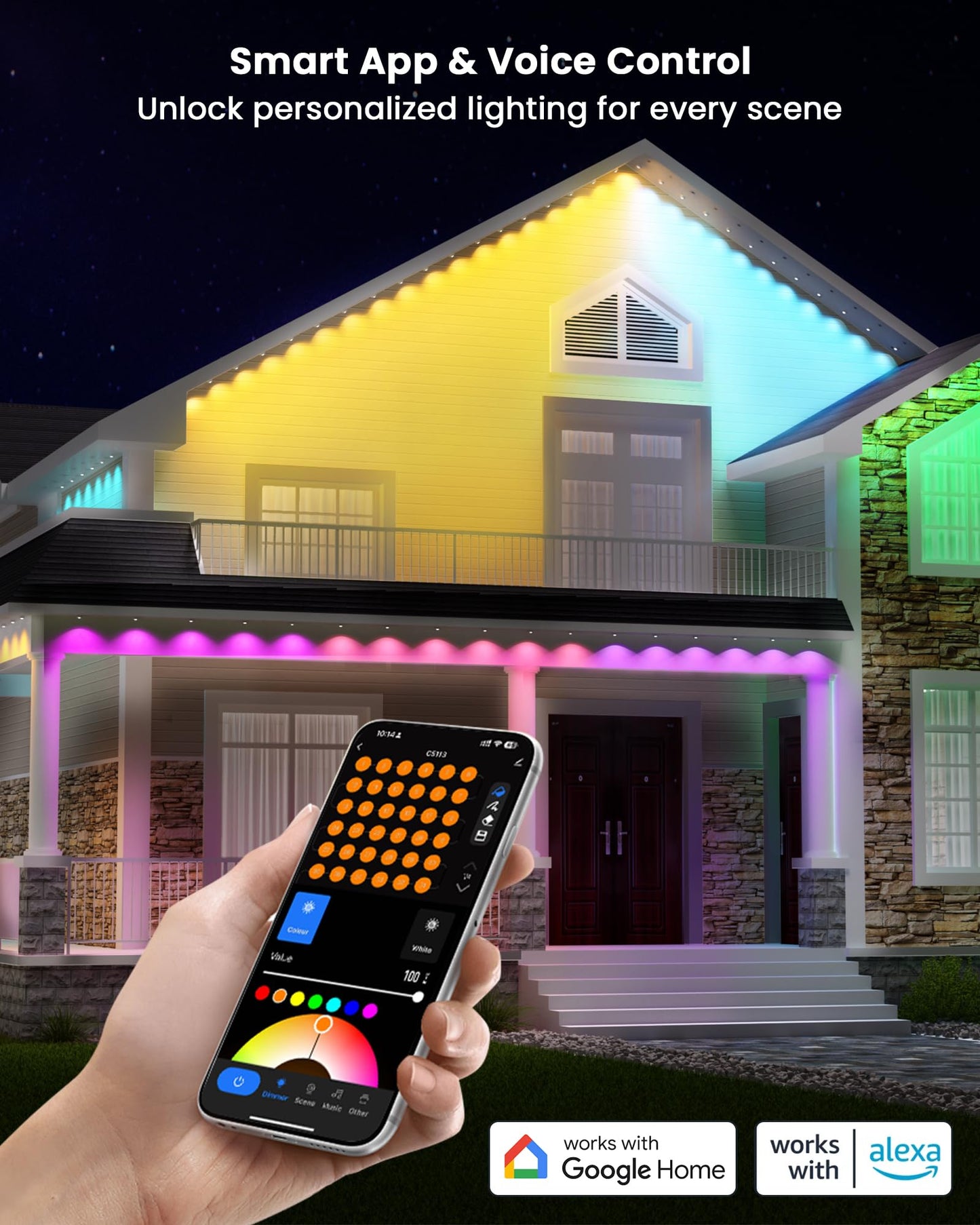 Gefolly Permanent Outdoor Lights Pro, 100ft with 60 RGBW Double-LED Lights 111 Scene Modes for Daily, Halloween, Christmas, IP67 Waterproof for Outdoor Decor, Works with Alexa, Google Assistant, White