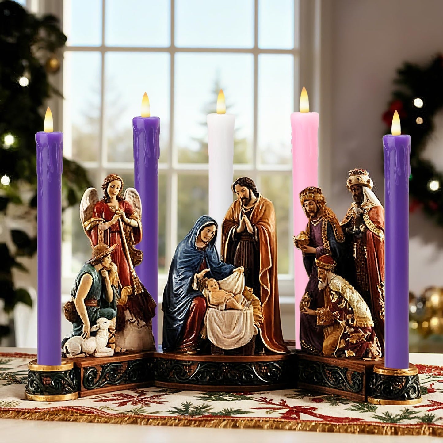 Lezonic Flameless Advent Candles Battery Operated with Remote, Set of 5 Wax Christmas Taper Nativity Candles, LED Advent Wreath Candles for Church Home Christian Decor, 3 Purple & 1 Pink & 1 White