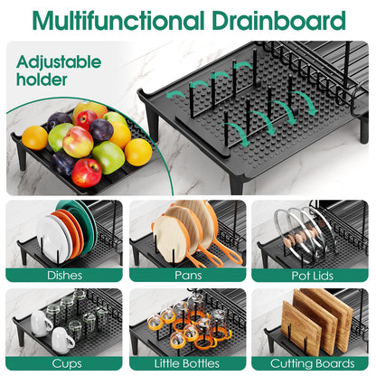 Extendable Dish Drying Rack for Kitchen Counter, Large Expandable Dish Rack with Multifunctional Drainboard for Pan Pot, Collapsible dish drainer, Foldable Plate Strainer for Home Countertop Storage