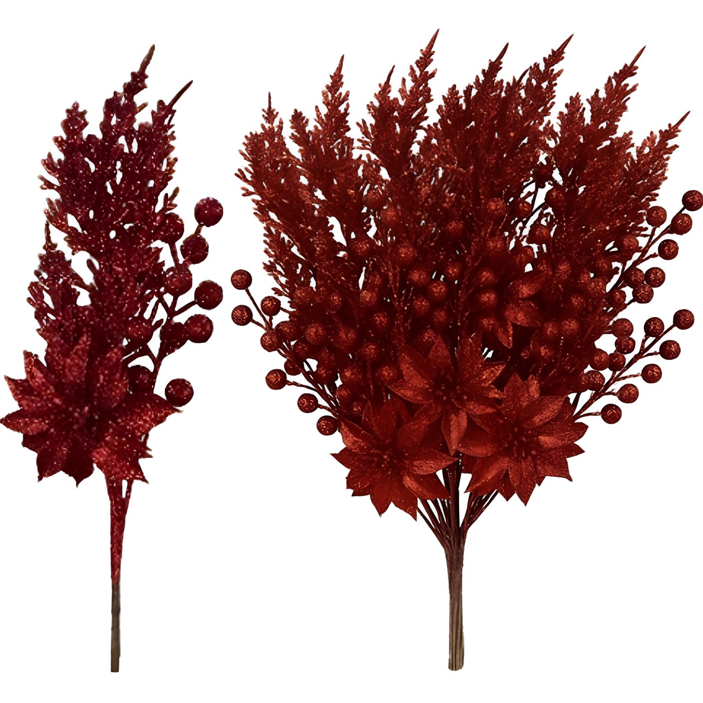 FineCheer 12 Pcs Glitter Christmas Picks Decoration Artificial Berry Branches Pine Needles Spray and Poinsettia Flowers Christmas Tree Ornaments for Xmas Decor Wreaths Wreath Vase Fillers(Burgundy)