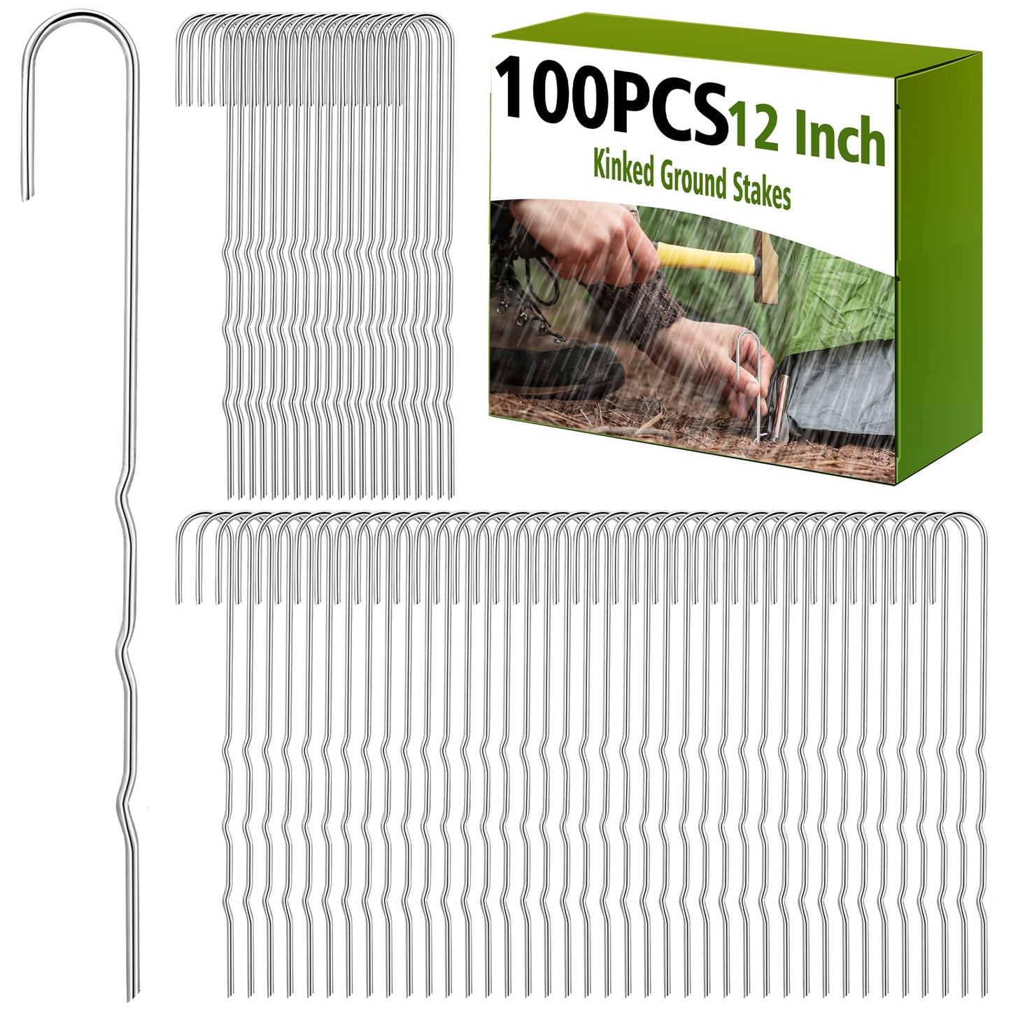 Yaocom 100 Pcs Kinked Ground Stakes 12 Inch Metal Garden Fence Edging Hook Heavy Duty J Shaped Galvanized Tent Fence Spikes for Dogs Digging Canopy Outdoor Yard Christmas Inflatables Decorations