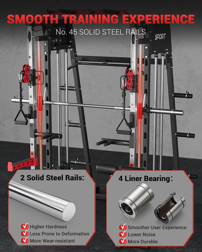 GarveeLife Smith Machine Home Gym All in One, 2200 LBS Squat Rack Power Cage with Smith Bar, LAT Pull-Down, Cable Systems, Leg Hold-Down and More Attachments, Workout Equipment (Red Black)