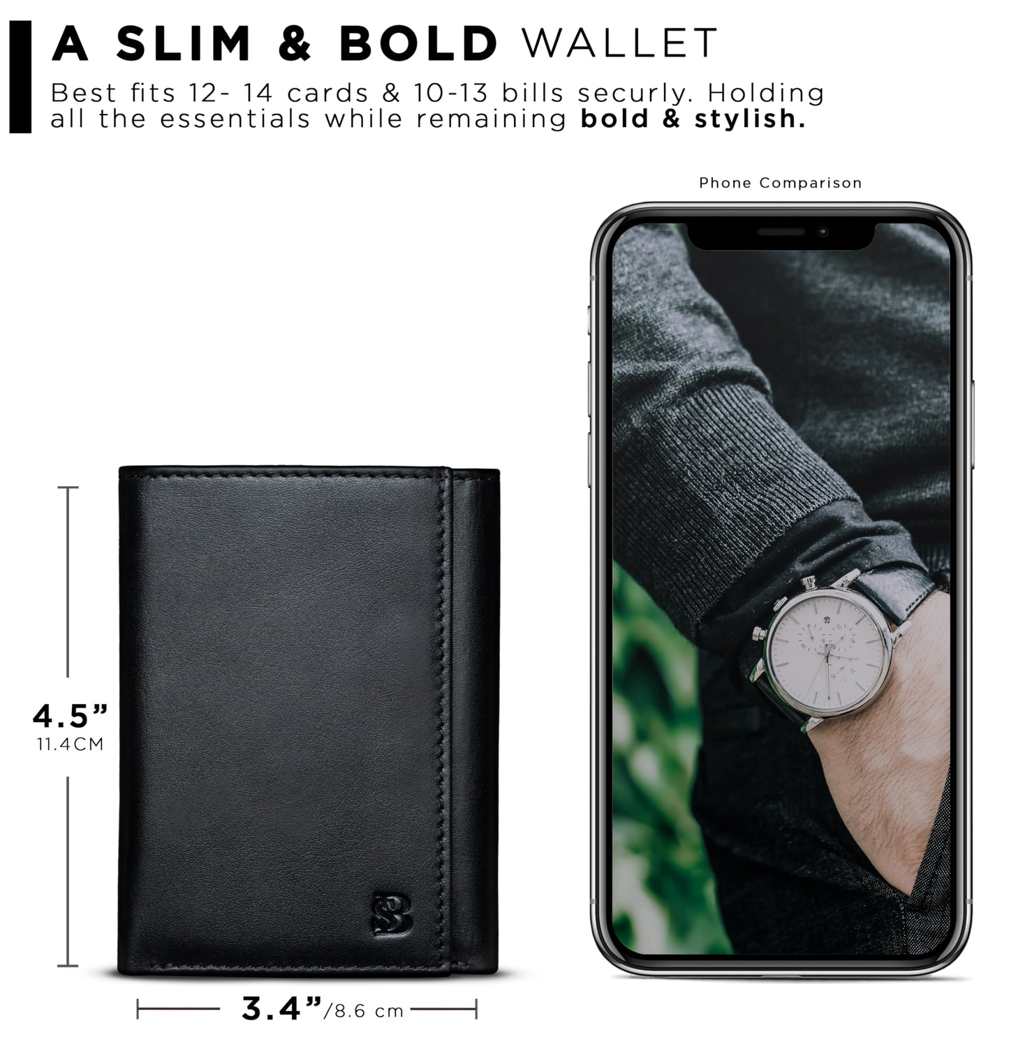 SERMAN BRANDS Trifold Wallet for Men - RFID Blocking Genuine Leather, 11 Card Slots & ID Window, Slim Everyday Carry, Durable Stitching, Gift for Him