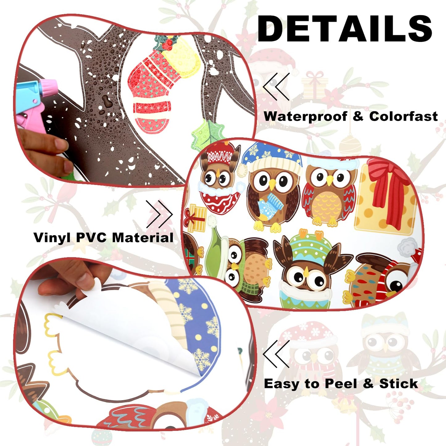 Christmas Tree Wall Stickers Vinyl Cute Owl Wall Decals Peel and Stick Decal for Home Office Walls Windows Doors Christmas Decor (35.43inch x 11.81inch, 3 Sheets)