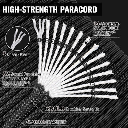 HOKINETY 1200 Paracord Rope - 4.4mm 14 Strand Nylon Parachute Spool para Cord Lanyard for Outdoor Camping Survival Utility Tent Crafting DIY Projects Fishing Clothsline Bracelet - Black 50FT