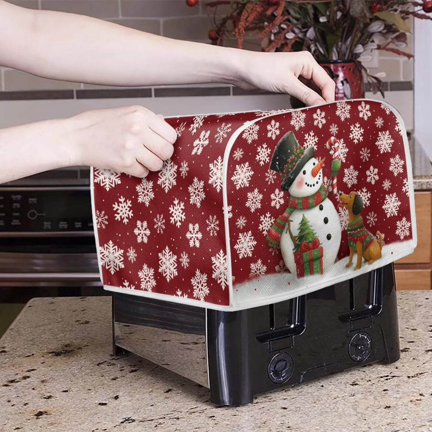 ASQVTIFE Christmas Snowman 4 Slice Toaster Cover Christmas Kitchen Decor Cute Dog Toaster Covers 4 Slice Wide Slot Toaster Oven Covers for Kitchen Counter Foldable Accessories