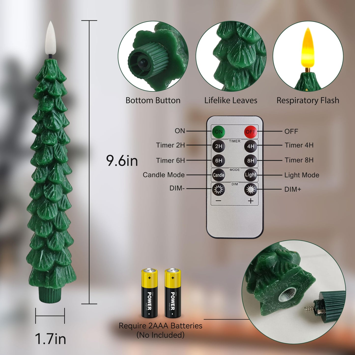 2 Pcs Christmas Tree Flameless Taper Candles with Timer Battery Operated Taper Candles Realistic Flickering Green LED Candle Tall ElectricTaper Candlesticks fo All-Season Decor festival Wedding Party