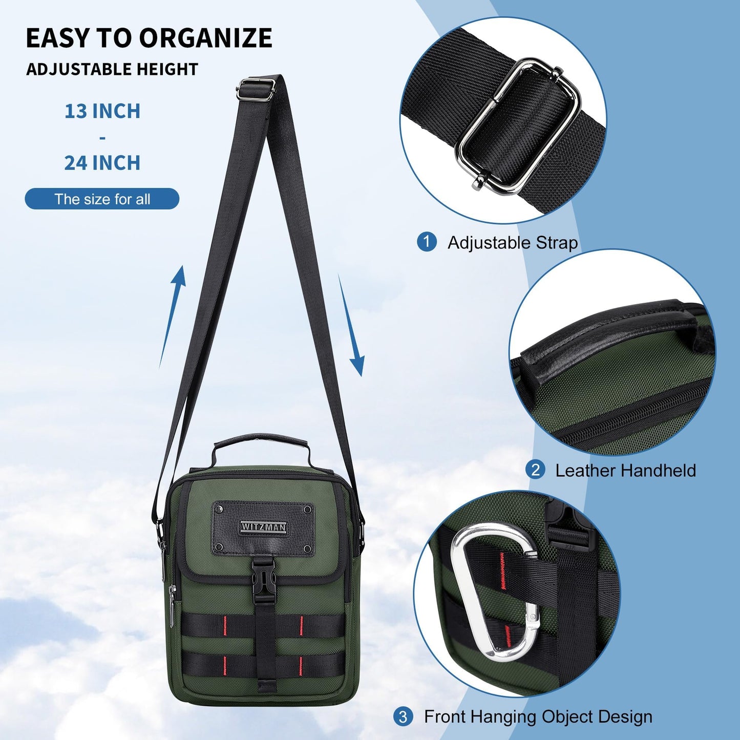 WITZMAN Crossbody Bag for Men Casual Messenger Bag Satchel Nylon Shoulder Bag Lightweight Man Purse for Work Travel（B708 Army Green）