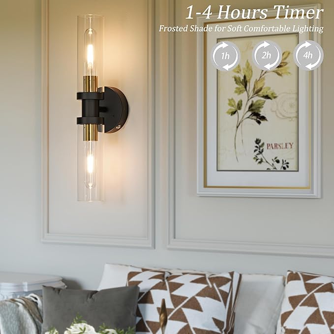 Rechargeable Battery Wall Sconce Set of Two, 8000mAh Cordless, Dimmable, Timer, Remote, Touch Control, 3000K, USB-C Charging for Living Room, Bedroom Black Gold (Include 4 Special Bulbs)
