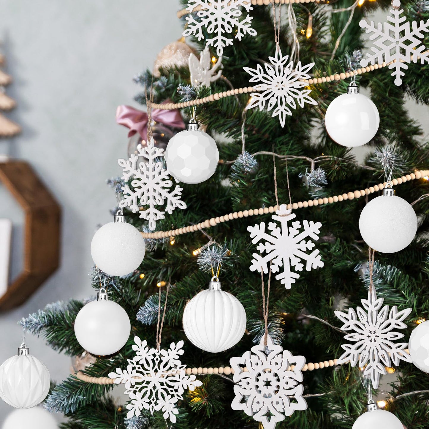 Aoriher 45 Pcs Christmas Tree Ornament Set,34pcs Christmas Ball Ornaments with Xmas Wooden Bead Garland Snowflake Ornaments for Xmas Tree Holiday Wedding Party Wreath Home Decoration(White)