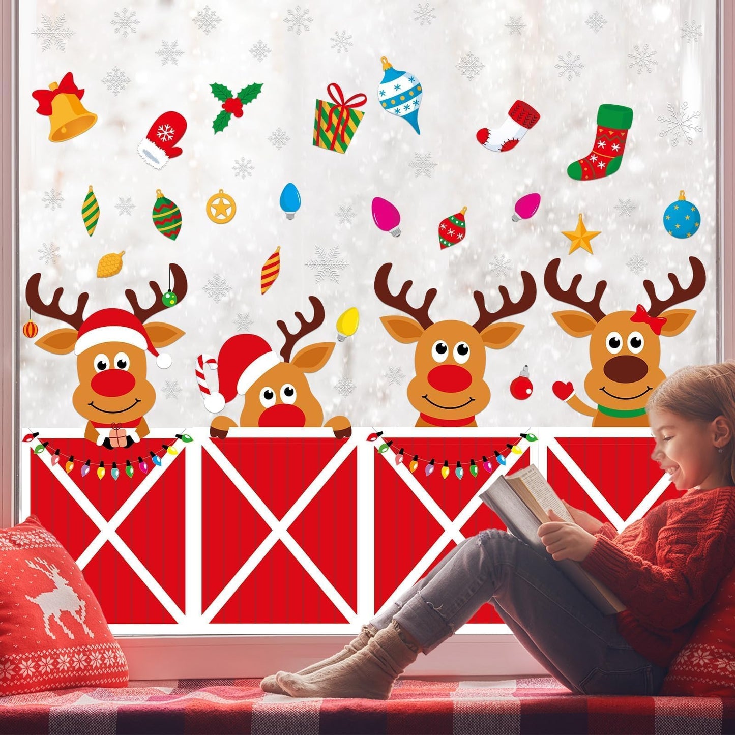 Christmas Deer Large Size Window Clings Decorations Reindeer Stable Window Decal Christmas Elk Winter Snowflake Reusable DIY Static Wall Door Sticker for Xmas Holiday Party Home Classroom Office Decor