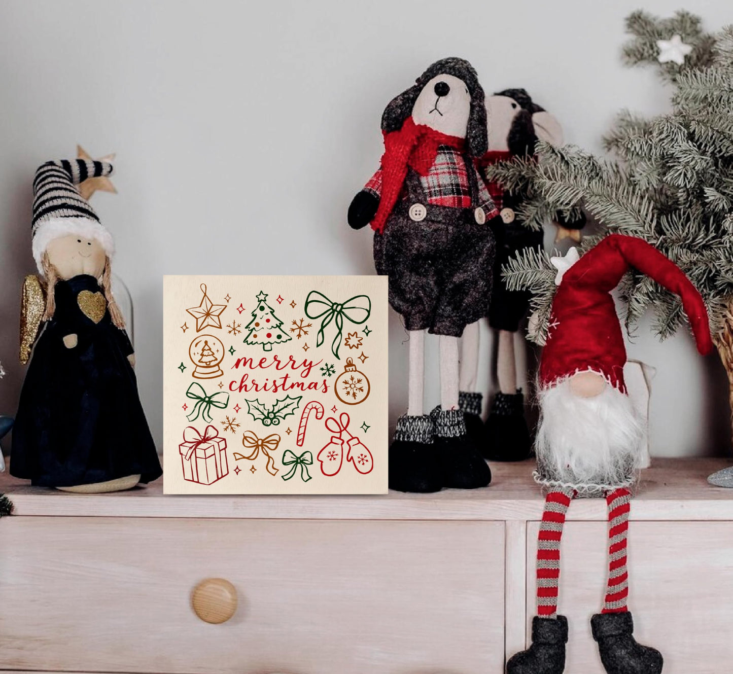 KEUSPI Retro Merry Christmas Wooden Box Sign, Girly Christmas Decor, Boho Xmas Bow Holly Jolly Wood Box Block Sign for Home Office Desk Tabletop Shelf Decoration 5x5 Inch