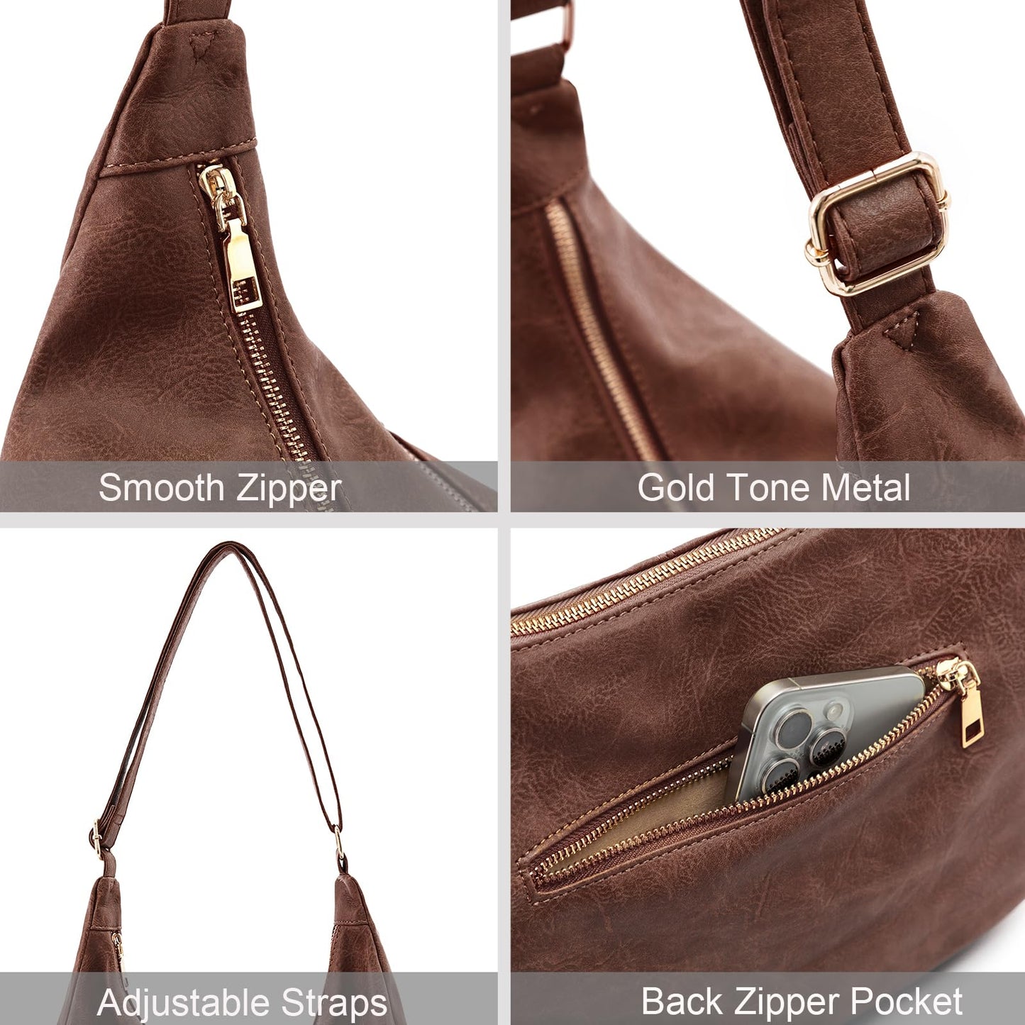 NIUEIMEE ZHOU Hobo Bags for Women Foldable Vegan Leather Shoulder Handbag Slouchy Tote Crossbody Purses