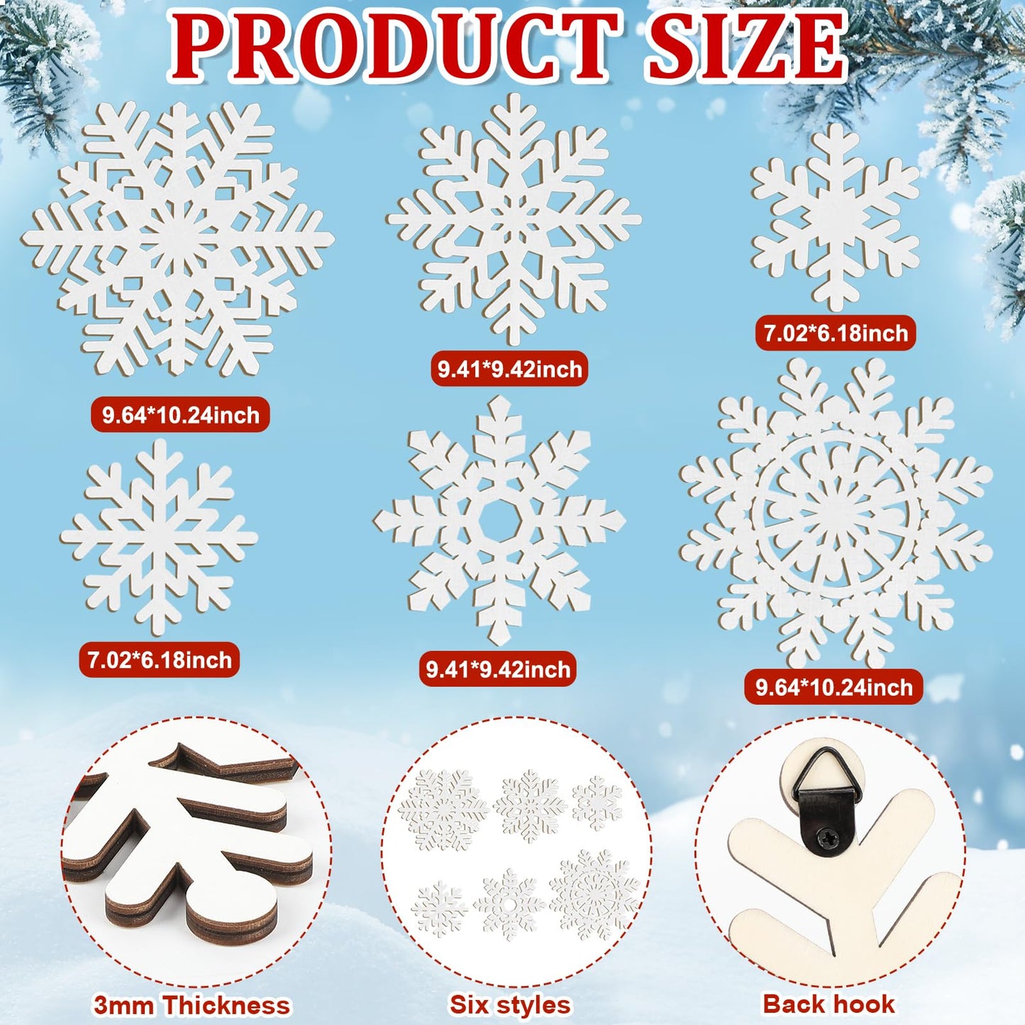 Wooden Large Snowflake Ornaments Sign Christmas Decorations 6 Pack, Wood Hollow White Snowflakes Crafts Winter Hanging Plaques Decorations 6 Size of Cutouts New Year Wall Bedroom Living Room Decor