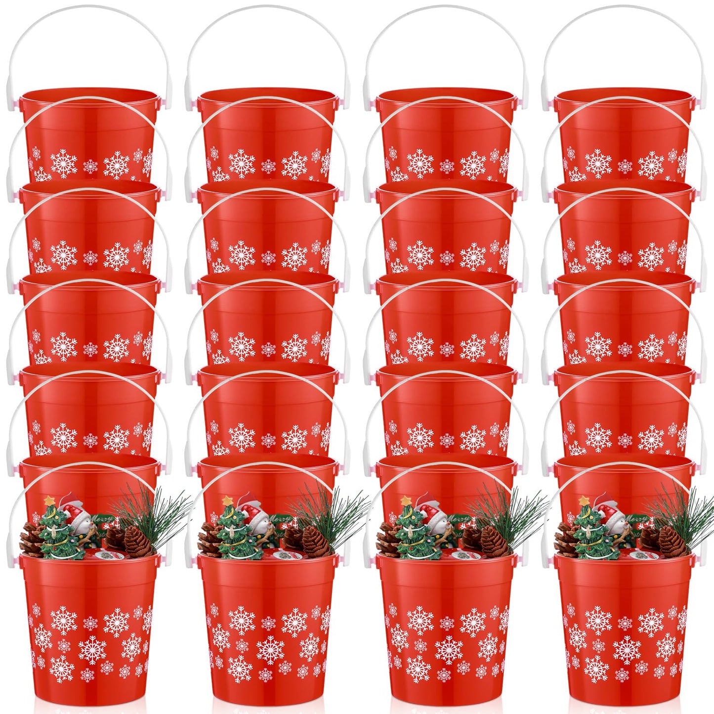 Sunnychicc 24 Pcs Christmas Plastic Buckets with Handle 4.69 x 3.78 x 4.8 Inch Christmas Snowflake Buckets Small Red Candy Pails Gifts Decorative Item Baskets for Winter Holiday Party Decorations