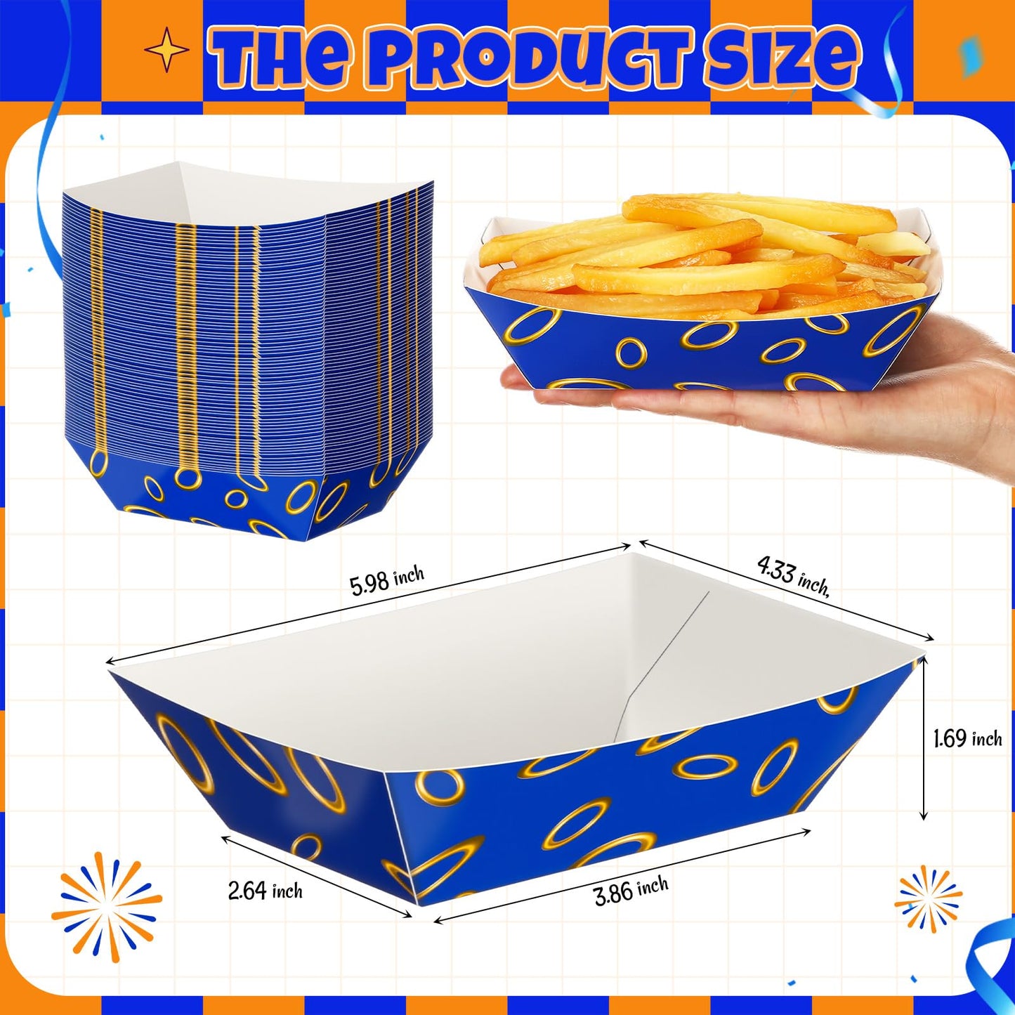 Baderke 100 Pcs Video Game Party Favors Paper Food Trays Boat 2lb Blue with Gold Ring Print Themed Disposable Nacho Trays Video Game Kraft Paper Boat for Christmas Tacos Concession for Birthday Party